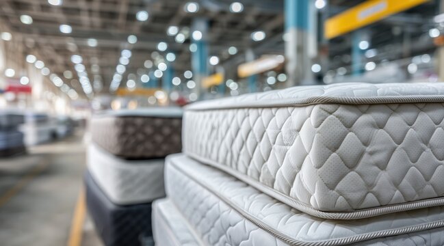 Close up of stack of white quilted mattresses in furniture showroom