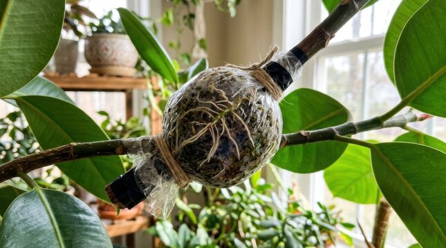 Air layering of a rubber plant, propagation technique for new growth.