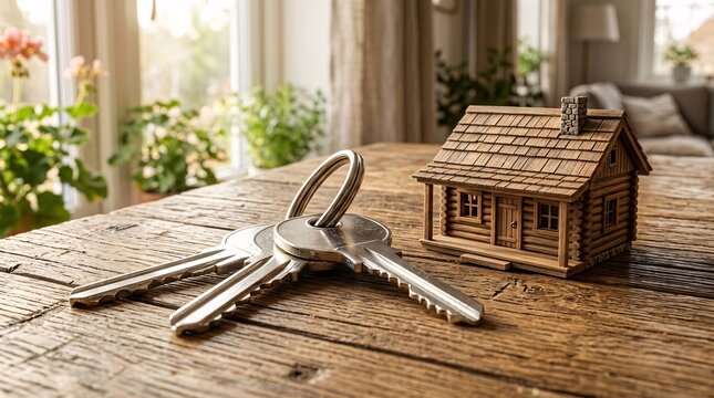 Shiny metallic house keys attached to a silver ring resting on a rustic wooden table beside a tiny and detailed wooden cabin model home.