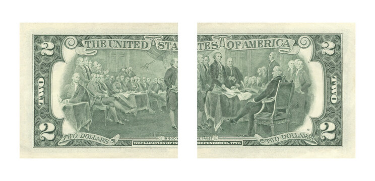 Back of two dollar bill featuring historical engraving of declaration of independence signing