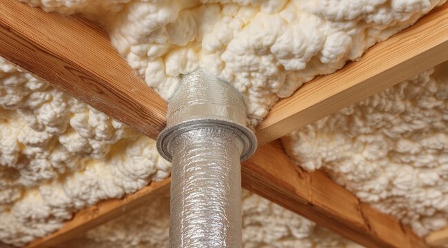 Spray foam insulation applied to attic roof rafters around metallic ventilation pipe