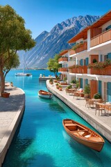 Fototapeta premium Picturesque lakeside village in the Austrian Alps with wooden boats, balconies and mountain views