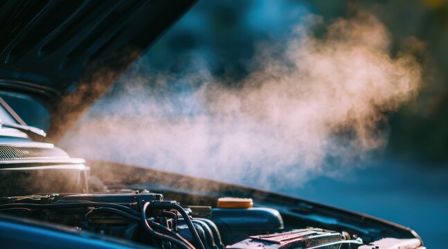 Overheated car engine with steam rising from under open hood