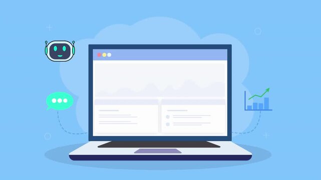 Animated laptop displaying chat support dashboard with chatbot icon, messaging bubbles, and analytics chart in clean flat design on teal background.