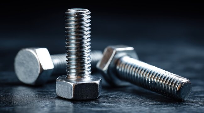 Three steel hex bolts with threads on dark textured background
