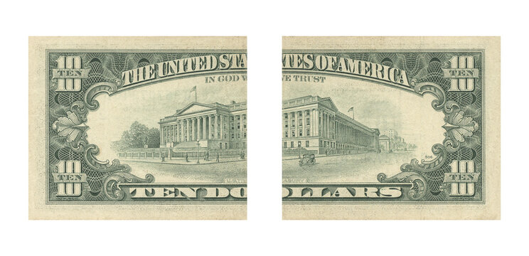 Us ten dollar bill back view featuring the treasury building and intricate green border details