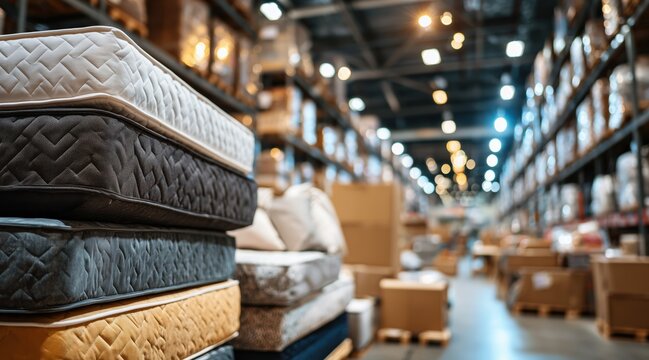 Stacked mattresses in warehouse store with blurred shelves and boxes