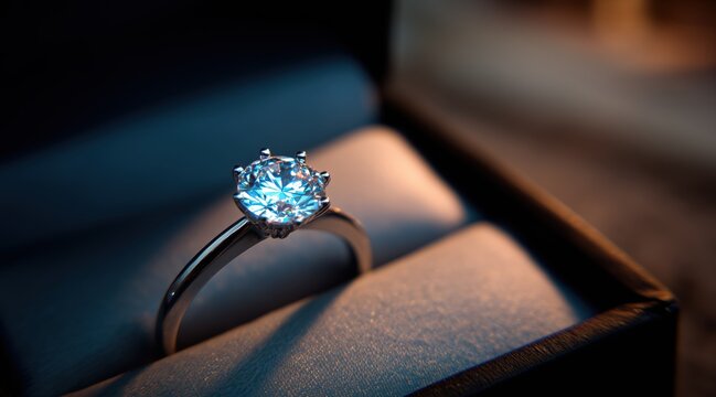 Sparkling diamond ring in jewelry box with blue and orange light