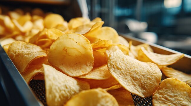 Golden potato chips on conveyor belt in snack factory