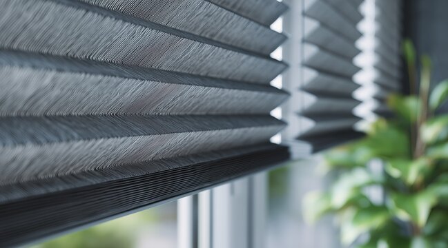 Grey pleated blinds on window with green plant in background