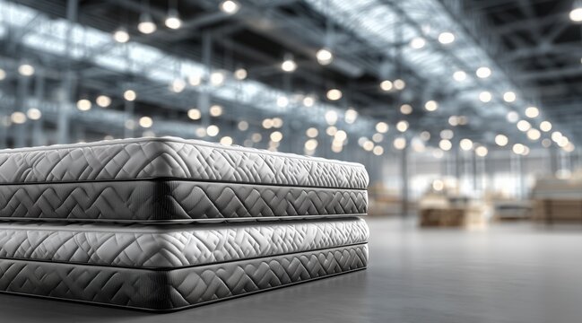 Modern mattresses stacked in large warehouse interior