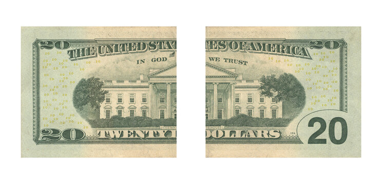 Torn twenty dollar bill showing the white house on the reverse side symbolizing financial loss or damage