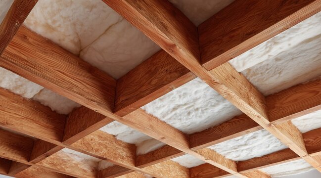 Wooden ceiling joists with white insulation material