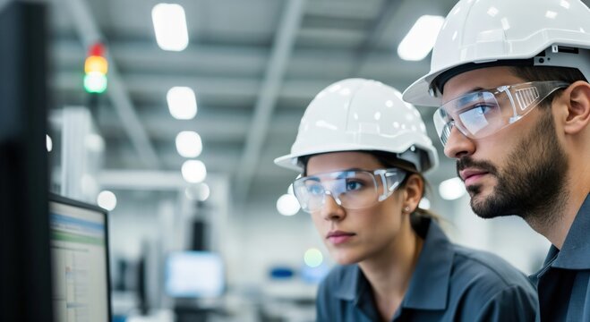 Two Young Female and Male Engineers in Hard Hats Analyzing Data on Computer in Industrial Environment