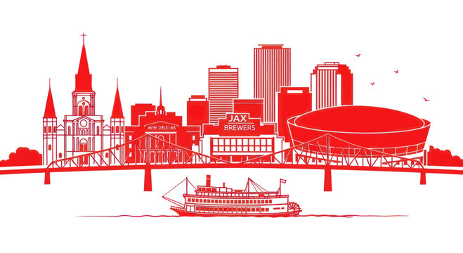 New Orleans Skyline with Steamboat and Superdome, Red Illustration