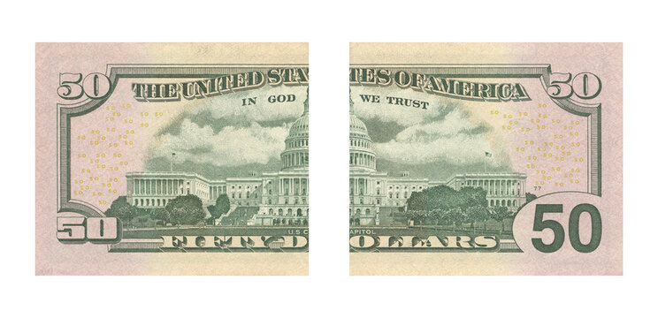 Fragmented fifty dollar bill reverses displaying the united states capitol building and numerical value