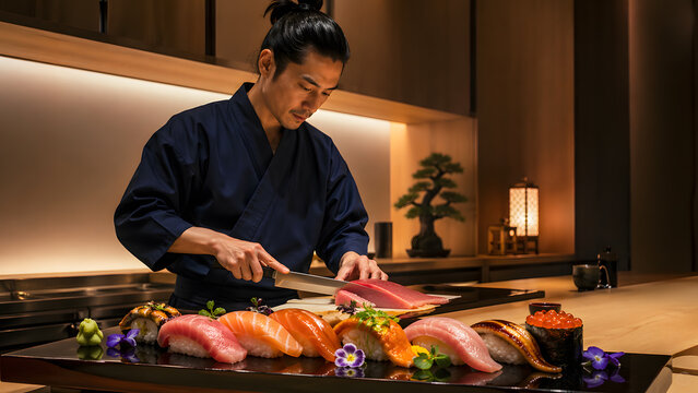 Sushi omakase platter luxury editorial food photography chef slicing sashimi in tokyo sushi bar