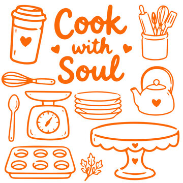 Cooking doodle illustration with cook with soul phrase kitchen utensils and cake stand
