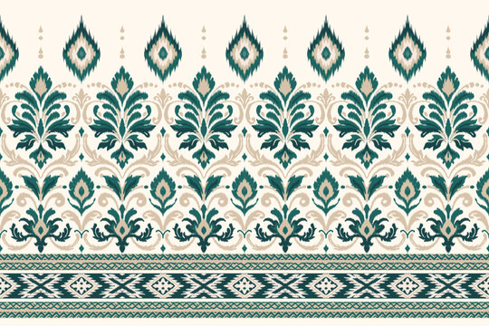 Seamless ikat ornamental border pattern with floral botanical motifs in ethnic traditional style, decorative handwoven inspired repeat design on cream background.