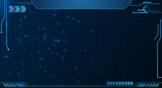  Futuristic vector blue technology frame with glowing neon border and detailed HUD interface elements. Blank sci-fi digital screen template with copy space for gaming, data and high-tech design.