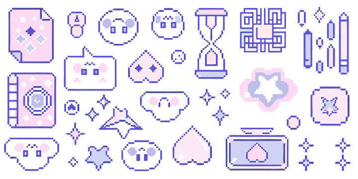 Collection of pastel colored pixel art icons and whimsical decorative elements