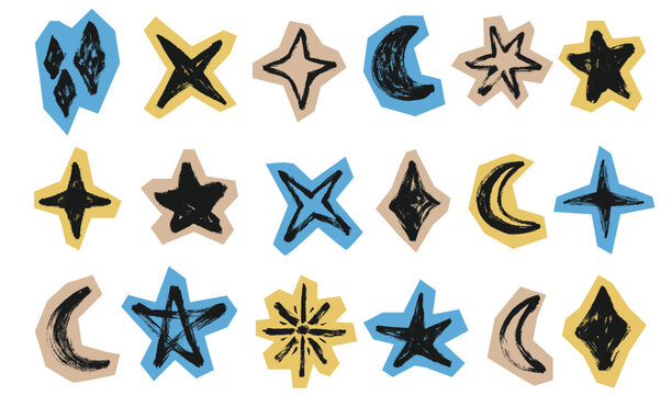 Grunge Scrapbook Stars and Moon Set. Doodle collage brush stroke sparkles set. Chalk textured stars and moon stickers set. Paper cut vector collection