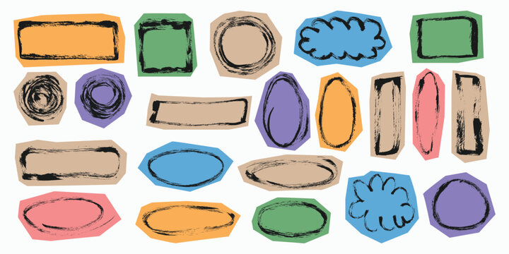 Grunge Scrapbook Highlighter Boxes Set. Doodle collage brush stroke frame box set. Chalk textured outline frames stickers set. Paper cut vector text box collection. 
