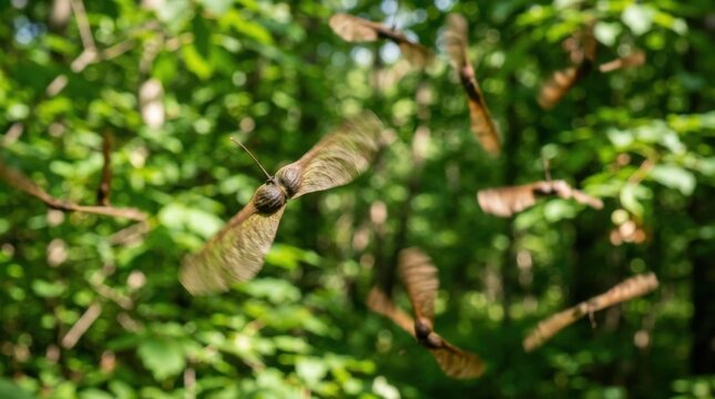 Close-up of maple tree seeds in flight against green foliage.