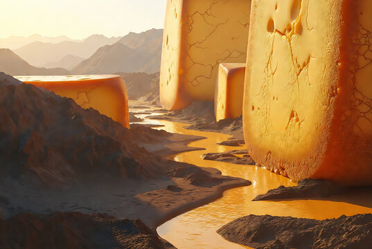 A surreal landscape of giant cheese formations dominates a desert canyon with a river flowing through it.
