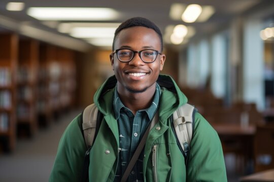 A smiling young African student in a library with books on him holding a backpack publication photography portrait.