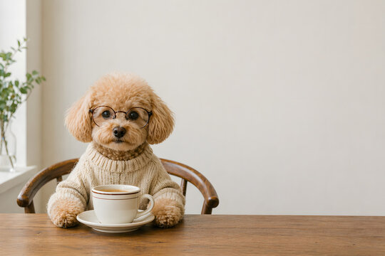 니트를 입고 테이블에 앉아있는 강아지