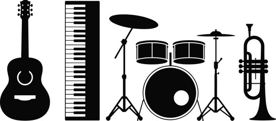 Musical instrument silhouettes, guitar piano drum trumpet, black music icons, creative band illustration, performance art concept, modern sound design element © Sabbir's World
