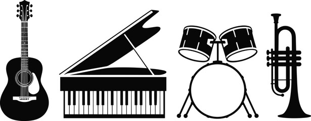 Musical instrument silhouettes, guitar piano drum trumpet, black music icons, creative band illustration, performance art concept, sound design inspiration element © Sabbir's World