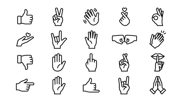 Hand gestures and symbols flat icon set with thumbs up finger heart ok sign rock on high five fist bump hand wave thumbs down middle finger crossed fingers call me body language gestures