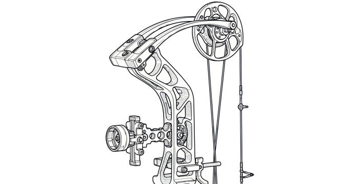 Modern Compound Bow with Sight and Accessories - Technical Drawing Style