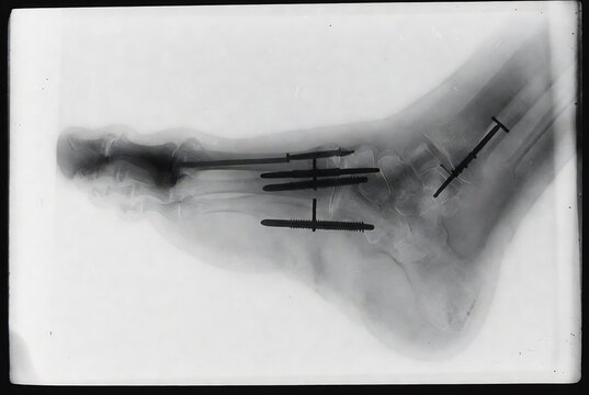 An X-ray image of a foot with internal fixation hardware.