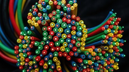 Obraz premium Colorful optical fiber cables bundle, close-up view, technology concept.