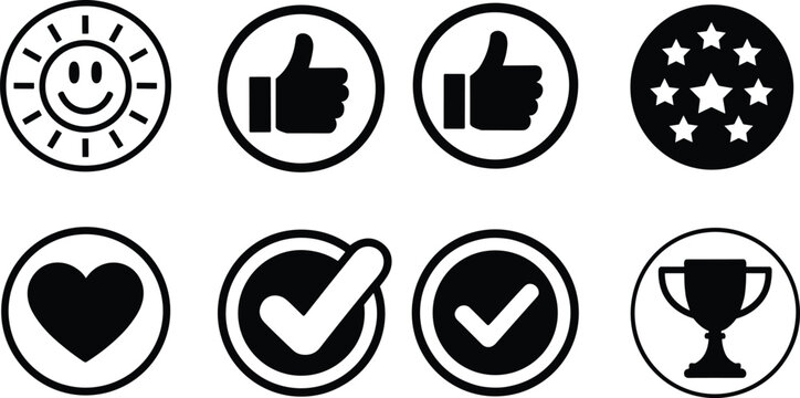 Positive feedback icons, approval symbols, achievement trophy, motivational heart, smiling sun face, thumbs up, check mark, reward stars, success circle