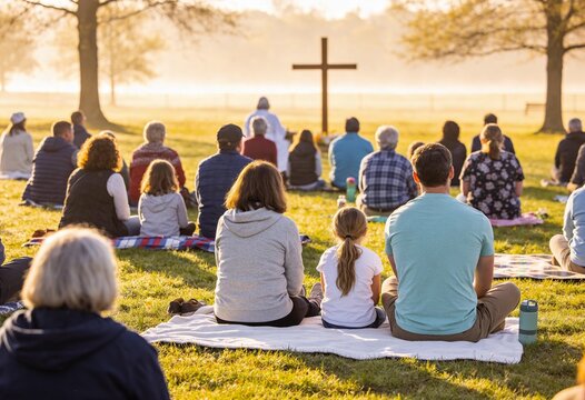Diverse group of people sitting on grass during an outdoor religious service at sunrise, community worship and spiritual gathering with a wooden cross for Easter or prayer
