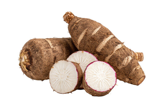 Fresh taro root vegetable isolated on transparent background. Freshly harvested whole and sliced taro roots food isolated on white background.