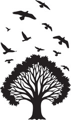 Fototapeta premium tree, silhouette, birds, flying, nature, freedom, forest, branches, leaves, black and white, minimalist, isolated, growth, life, environment, ecology, wildlife, fauna, flora, outdoor, sky, migration, 