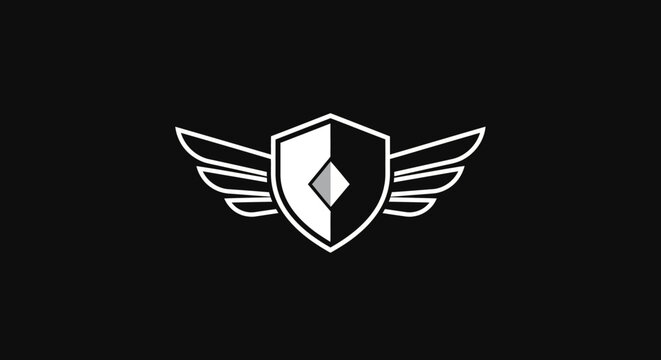 Abstract shield icon with wings graphic on black background for design