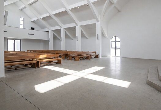 Interior of a modern minimalist church with sunlight casting a cross-shaped shadow on the floor, rows of wooden pews for worship and spiritual reflection in a contemporary chapel