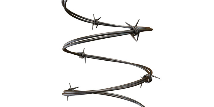 Twisted metal barbed wire coils with sharp spikes isolated on transparent background