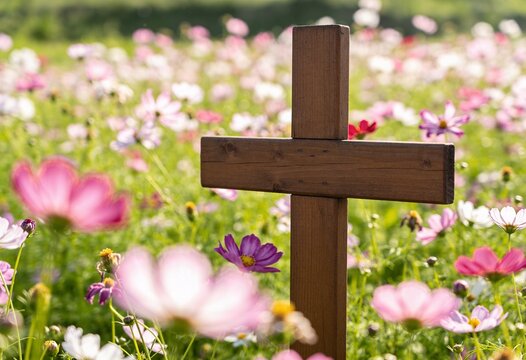 Wooden cross standing in a field of pink cosmos flowers during a sunny day, religious symbol of faith and hope for christianity and spiritual remembrance in nature