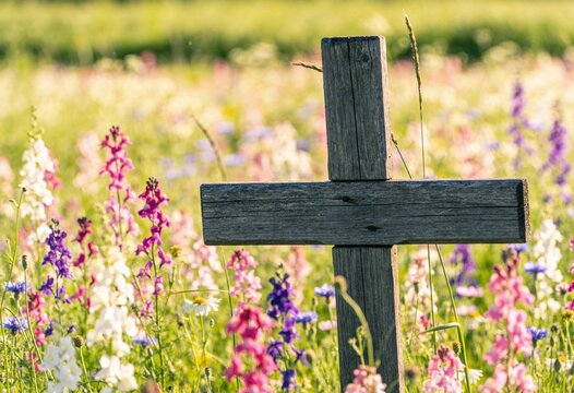 Simple wooden cross standing in a vibrant field of colorful wildflowers at sunset, spiritual symbol of faith and hope in a natural meadow for remembrance