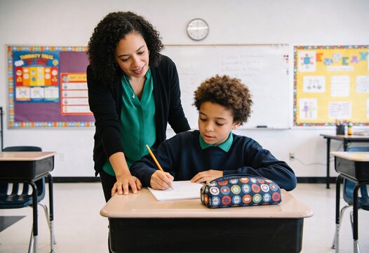 Black female teacher assisting young student with writing at desk in classroom, education and mentorship for primary school learning and academic success