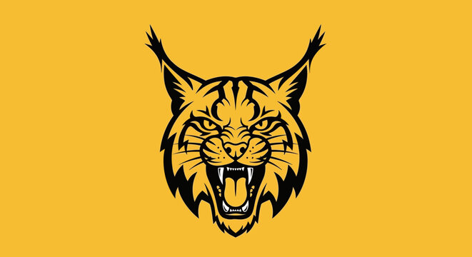 Aggressive bobcat mascot head roaring on yellow background