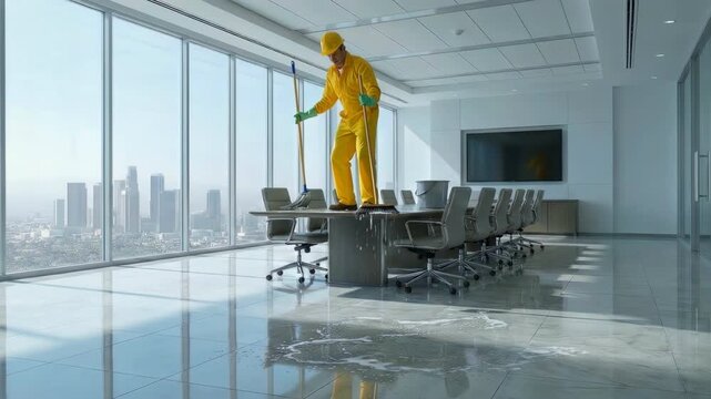 Surreal janitor in yellow jumpsuit cleaning on top of office table