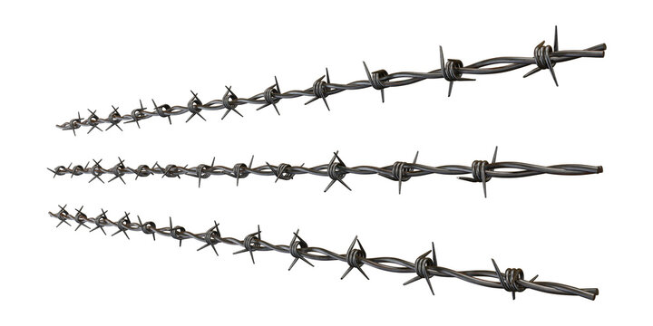 Three strands of barbed wire with sharp spikes for security and boundary on transparent background